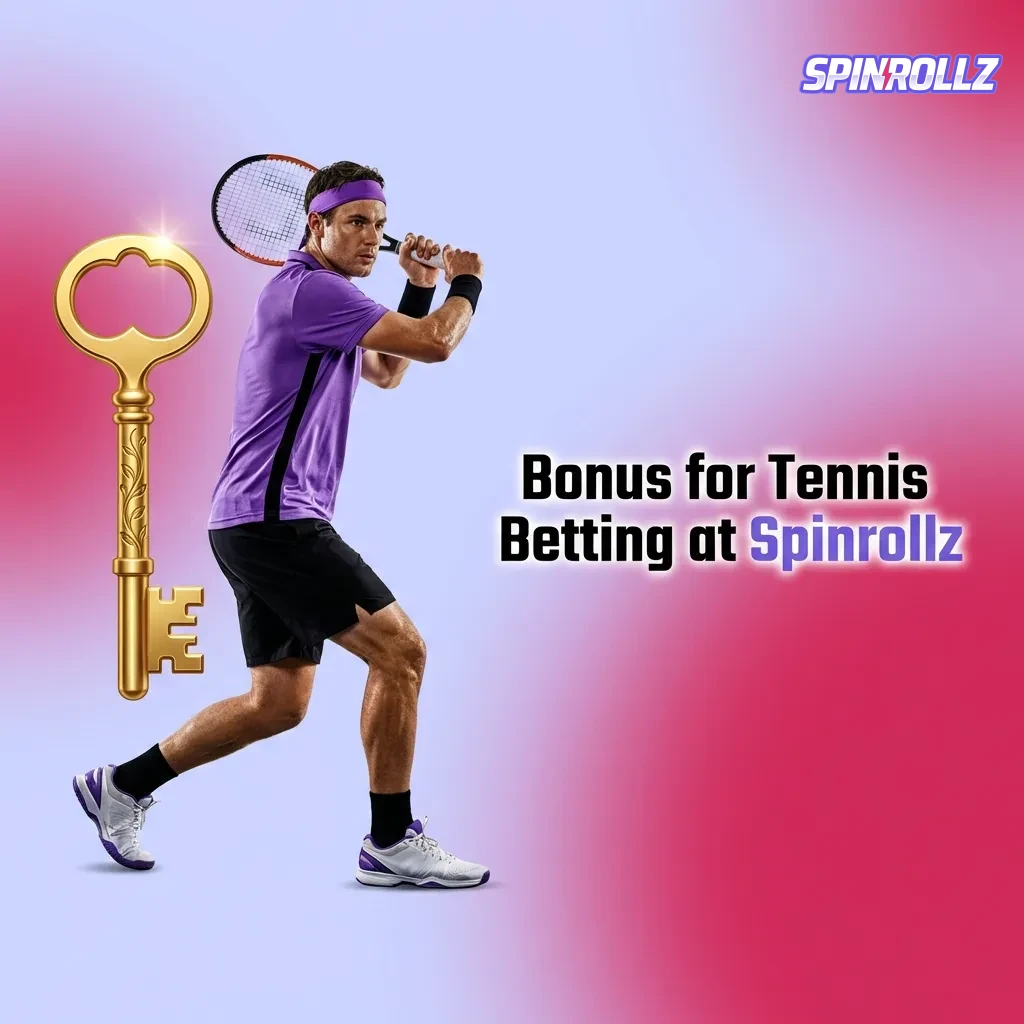 Tennis player on court with Spinrollz 100% matched deposit bonus up to $500 for new members betting on ATP, WTA events.