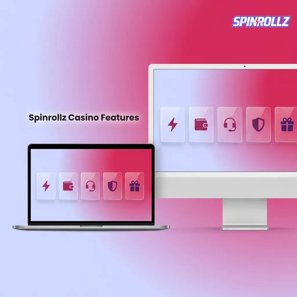 Spinrollz Casino features page showing payment methods, mobile interface, live support, and responsible gaming tools.