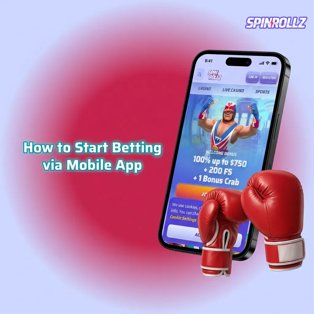 Person using Spinrollz mobile app to place sports bet, viewing bet slip with stake amount and odds selection screen.