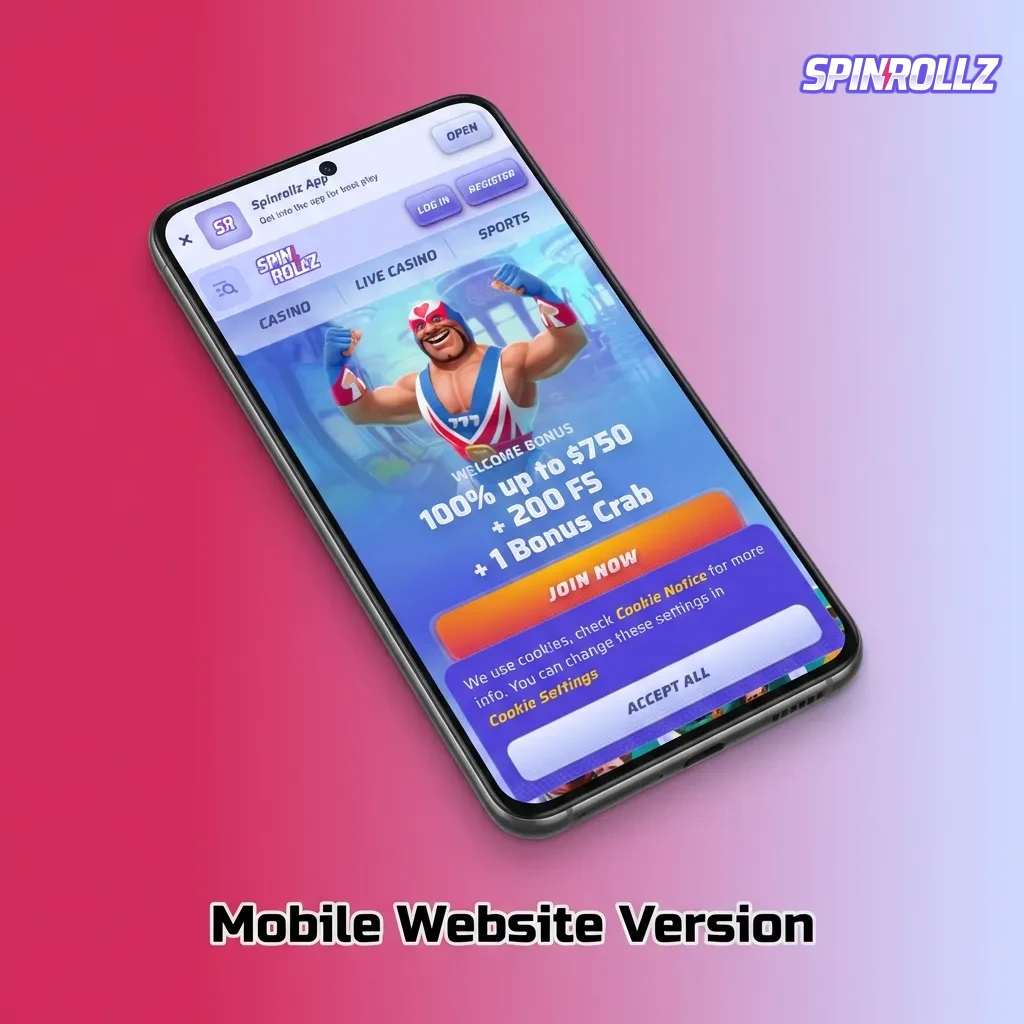 Spinrollz mobile website interface showing responsive design on smartphone with betting options and navigation menu.