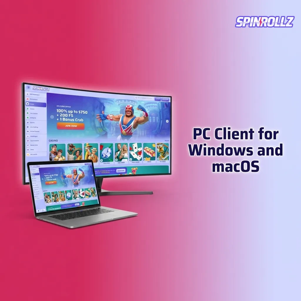 Spinrollz website interface on desktop browser showing sports betting and casino games for Windows and macOS users.