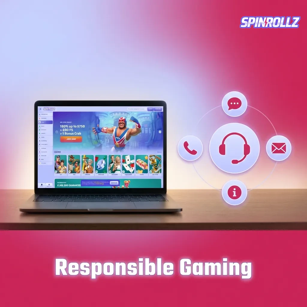 Spinrollz responsible gaming tools including deposit limits, session reminders, self-exclusion, and support resources.