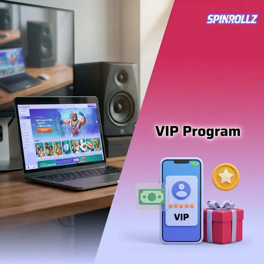 Spinrollz VIP loyalty program tiers from Bronze to Diamond with rewards like cashback, bonuses, and priority support.