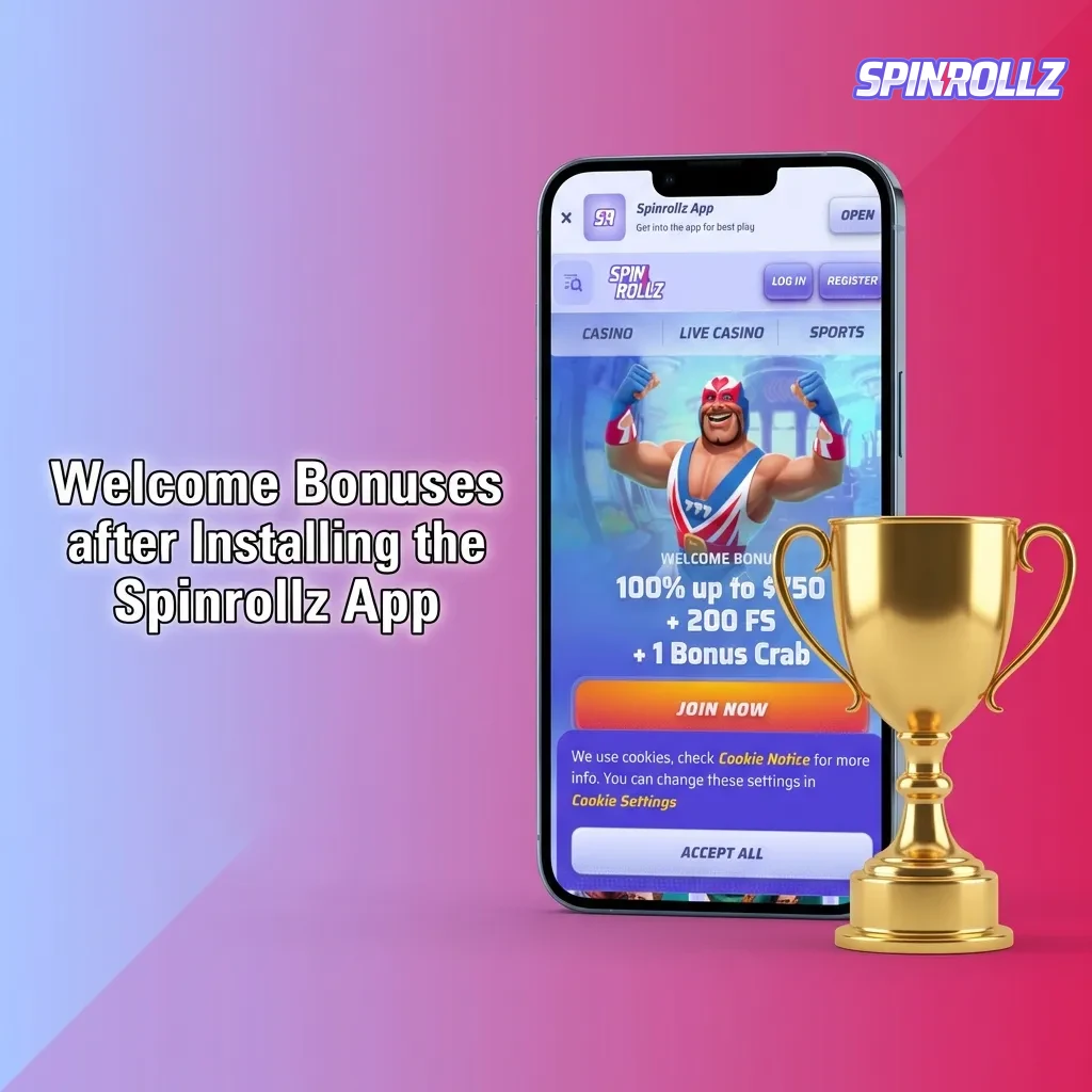 Spinrollz app welcome bonuses: 100% match up to 800 AUD plus 200 free spins for new players after registration.