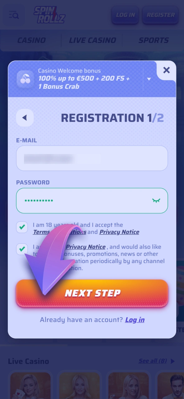 Complete your Spinrollz registration via the Android mobile app.