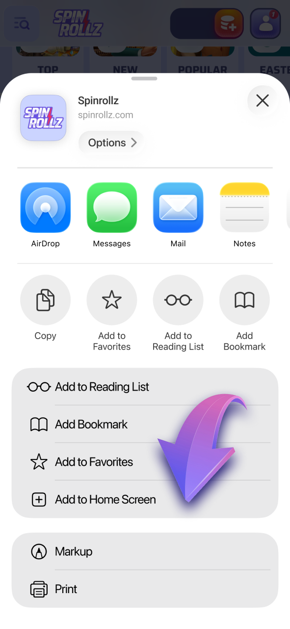Add the Spinrollz shortcut to your iOS home screen for quick play.