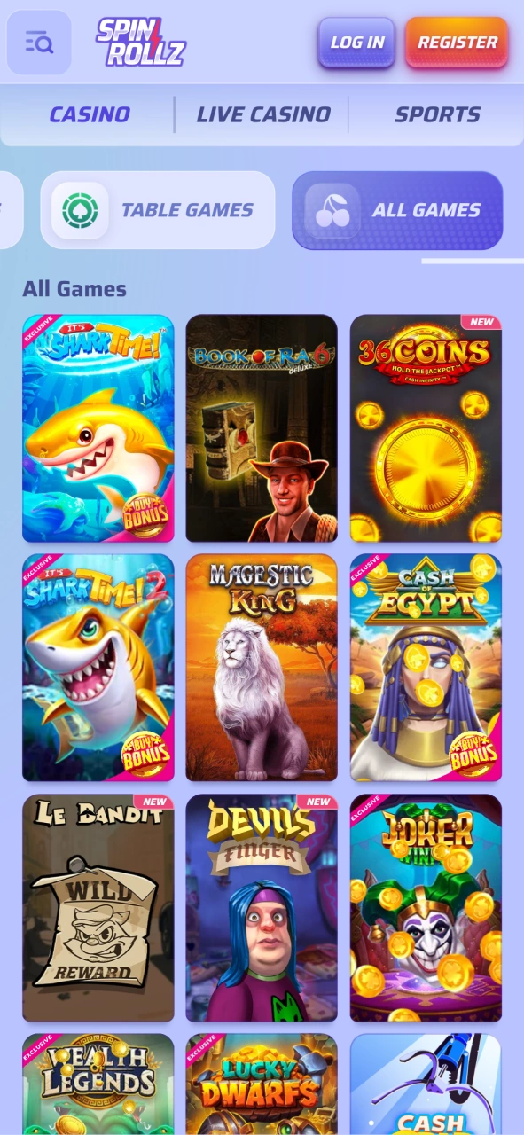 Explore the vast casino game selection within the Spinrollz mobile interface.