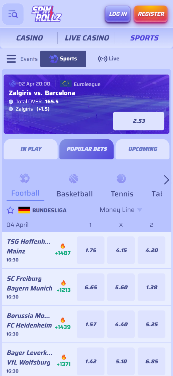 Browse the competitive sports betting markets in the Spinrollz app.