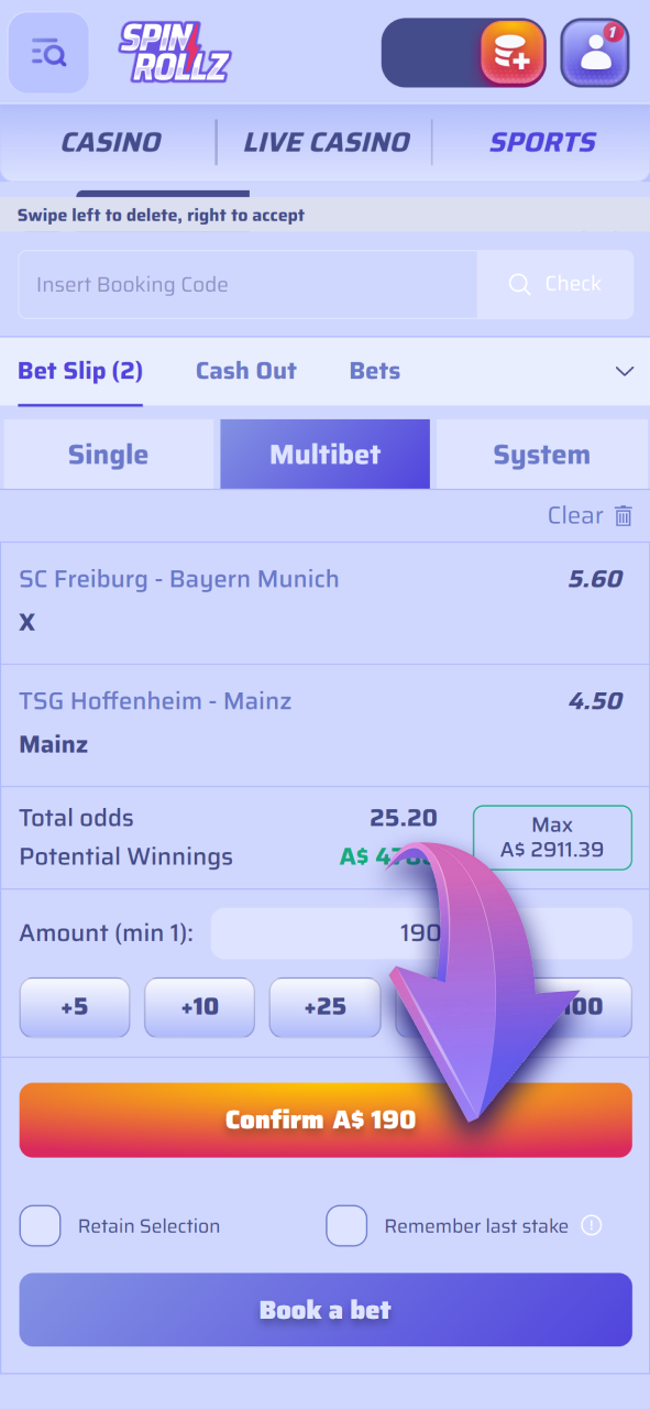 Confirm your sports bet at Spinrollz to finalize your ticket.