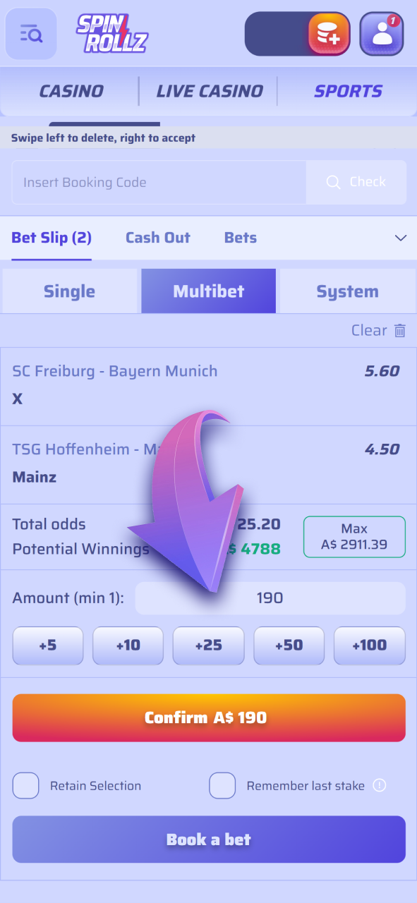 Enter your desired stake amount for your next bet at Spinrollz.