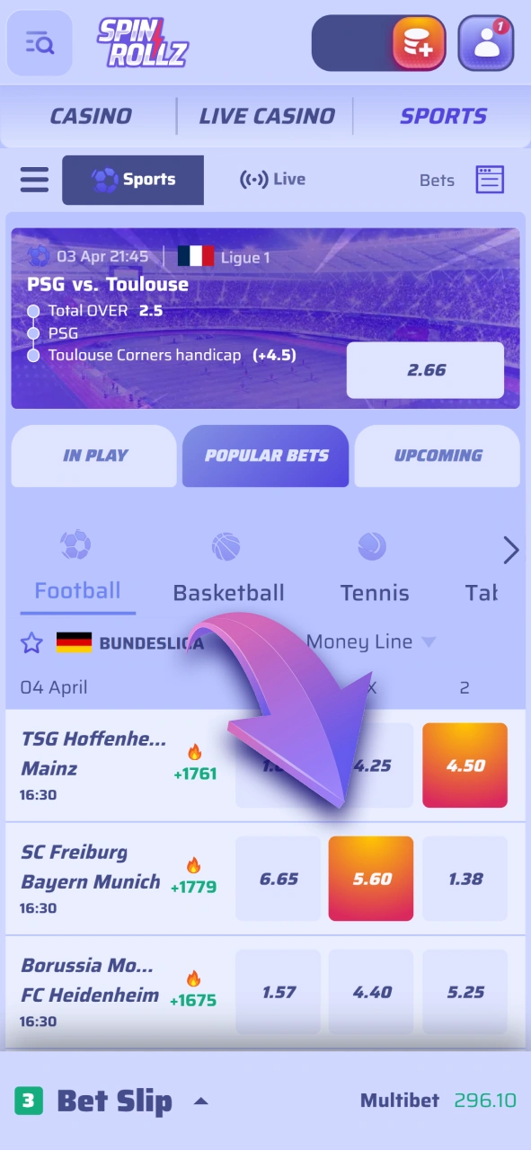 Select your favorite teams and odds to place a bet at Spinrollz.