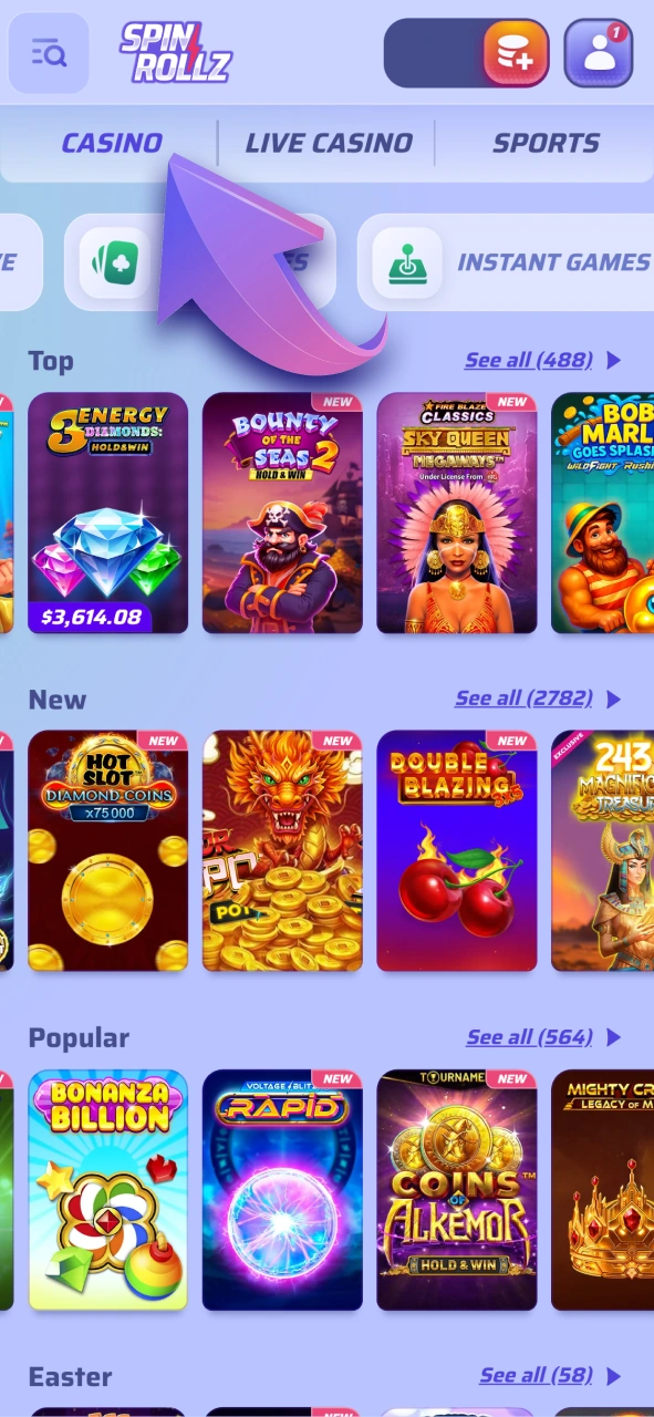 Open any casino game at Spinrollz and start your winning session.