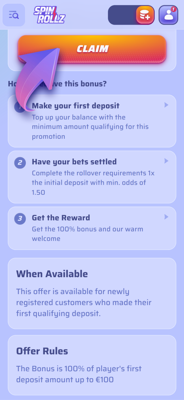 Activate your Spinrollz welcome bonus to start with a bigger balance.