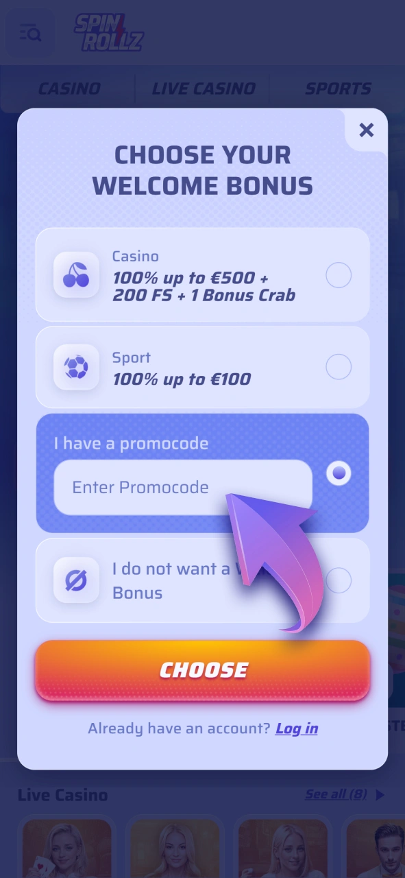 Enter your exclusive promo code at Spinrollz to unlock hidden rewards.
