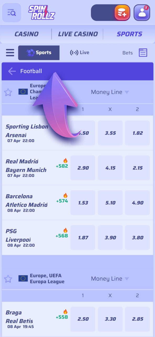 Navigate through the various football leagues available at Spinrollz.