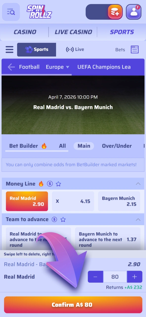 Place your football bets at Spinrollz and enjoy the best odds.