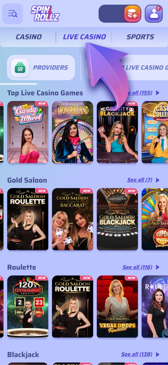 Choose your favorite live dealer table at Spinrollz for real action.