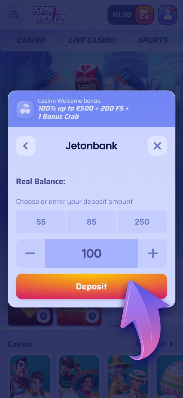 Deposit money to join the live casino tables at Spinrollz.