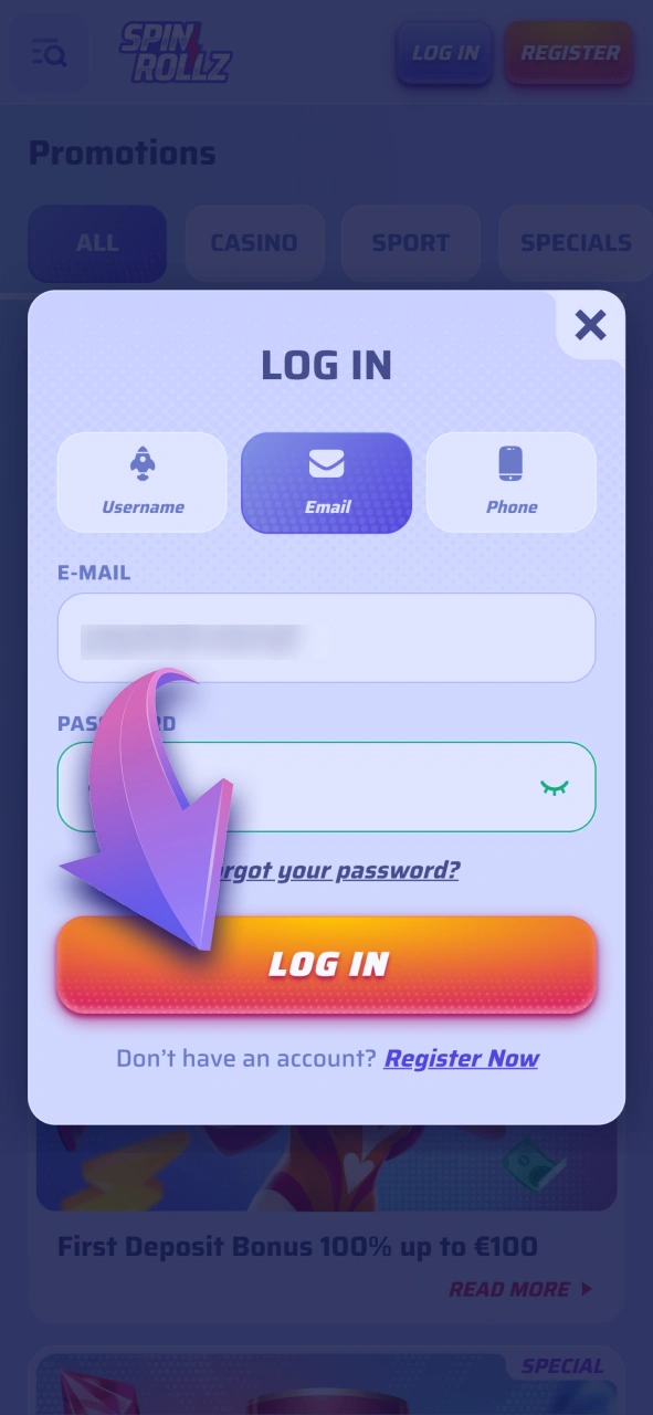 Access the account at Spinrollz to fund it.