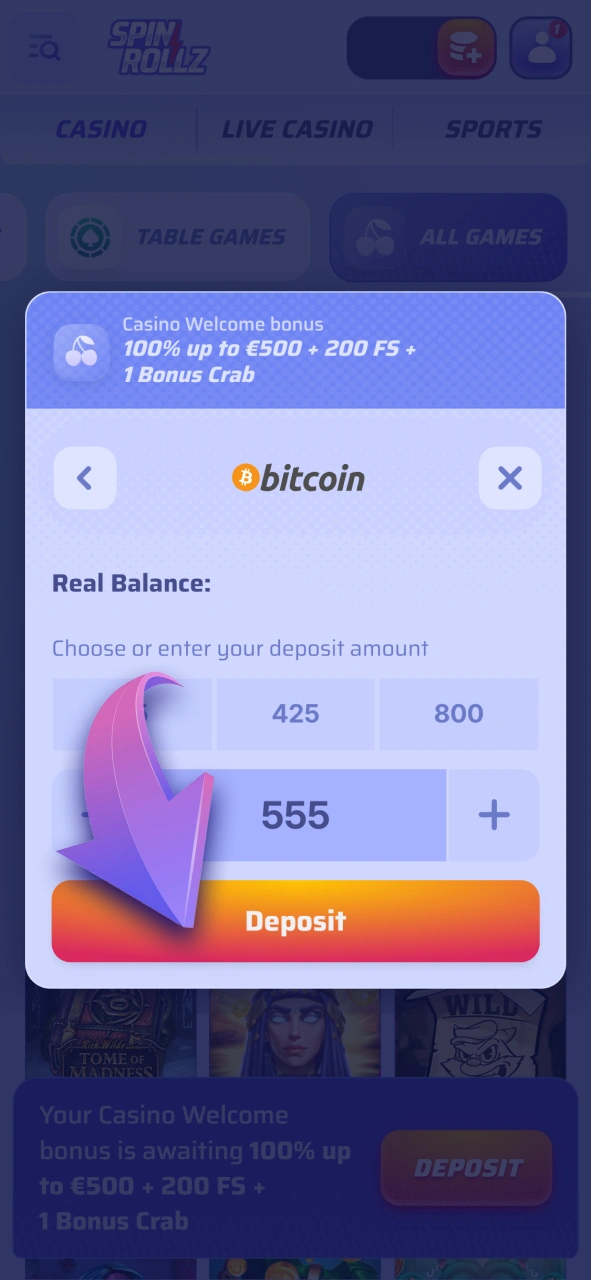 Confirm your payment details at Spinrollz to finalize the deposit.