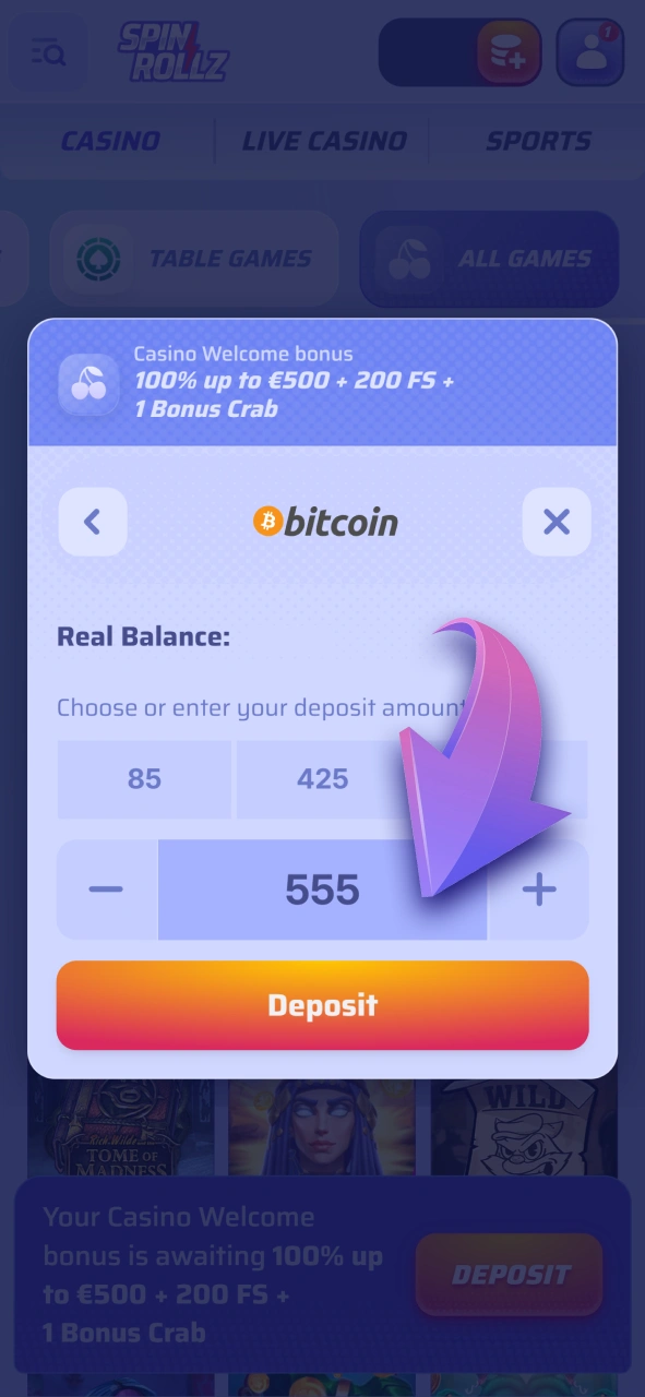 Enter the amount you wish to deposit into your Spinrollz balance.