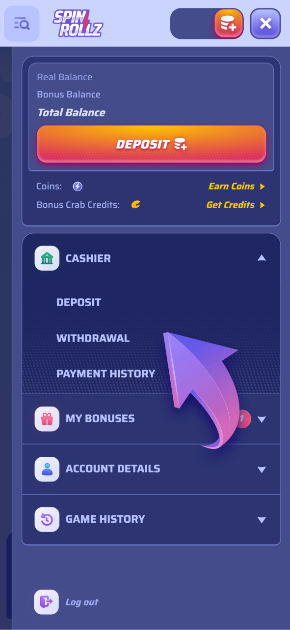 Access the withdrawal page at Spinrollz to cash out your winnings.