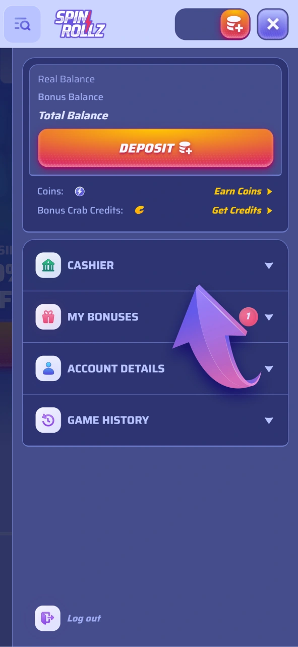 Log in to use your available promo codes at Spinrollz casino.