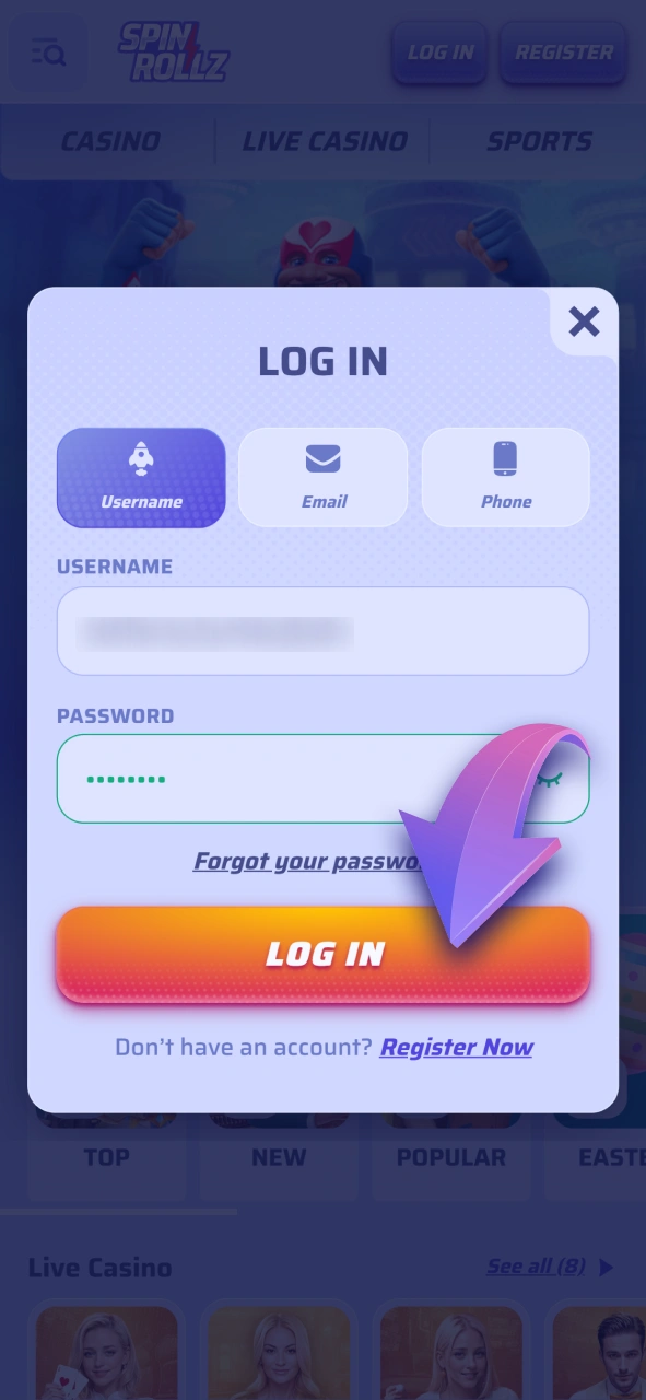 Log in to your Spinrollz account to start playing immediately.